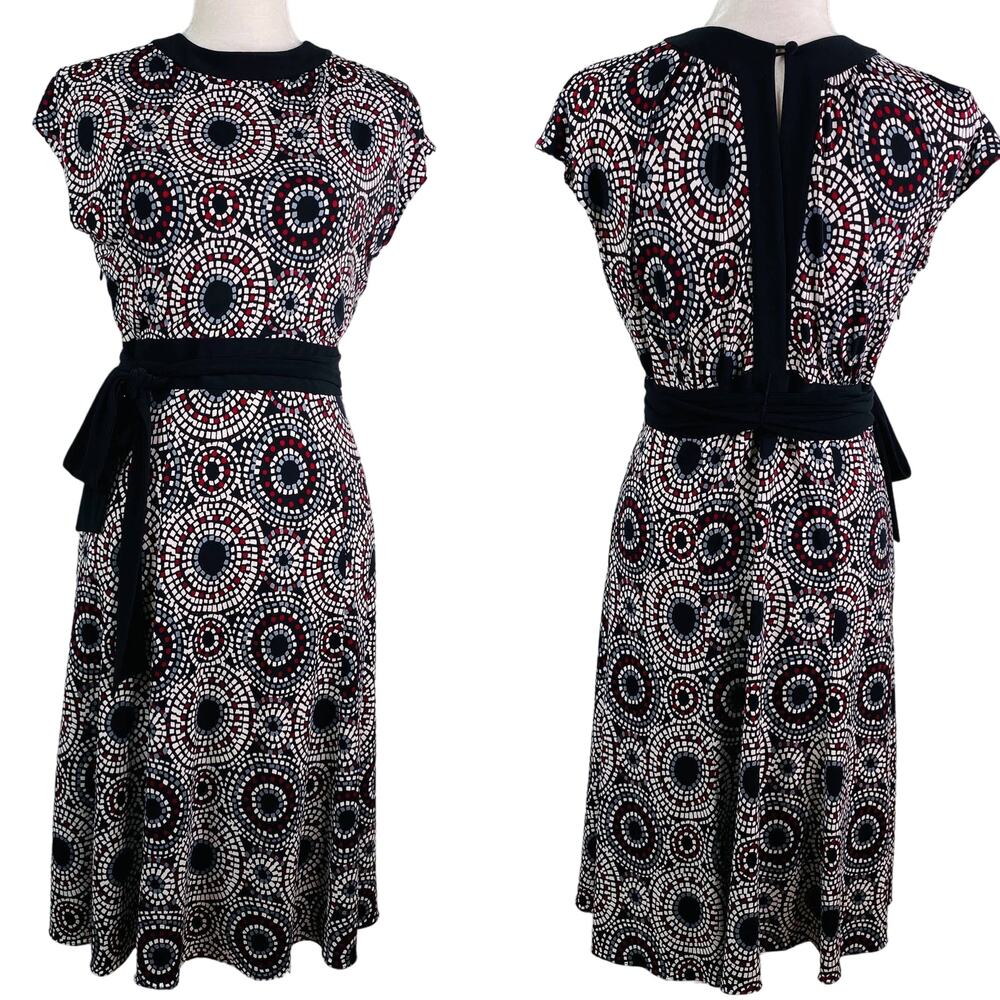 Tahari Arthur S. Levine Dress 6 Cap Sleeves Black Cream Wine Gray Belted